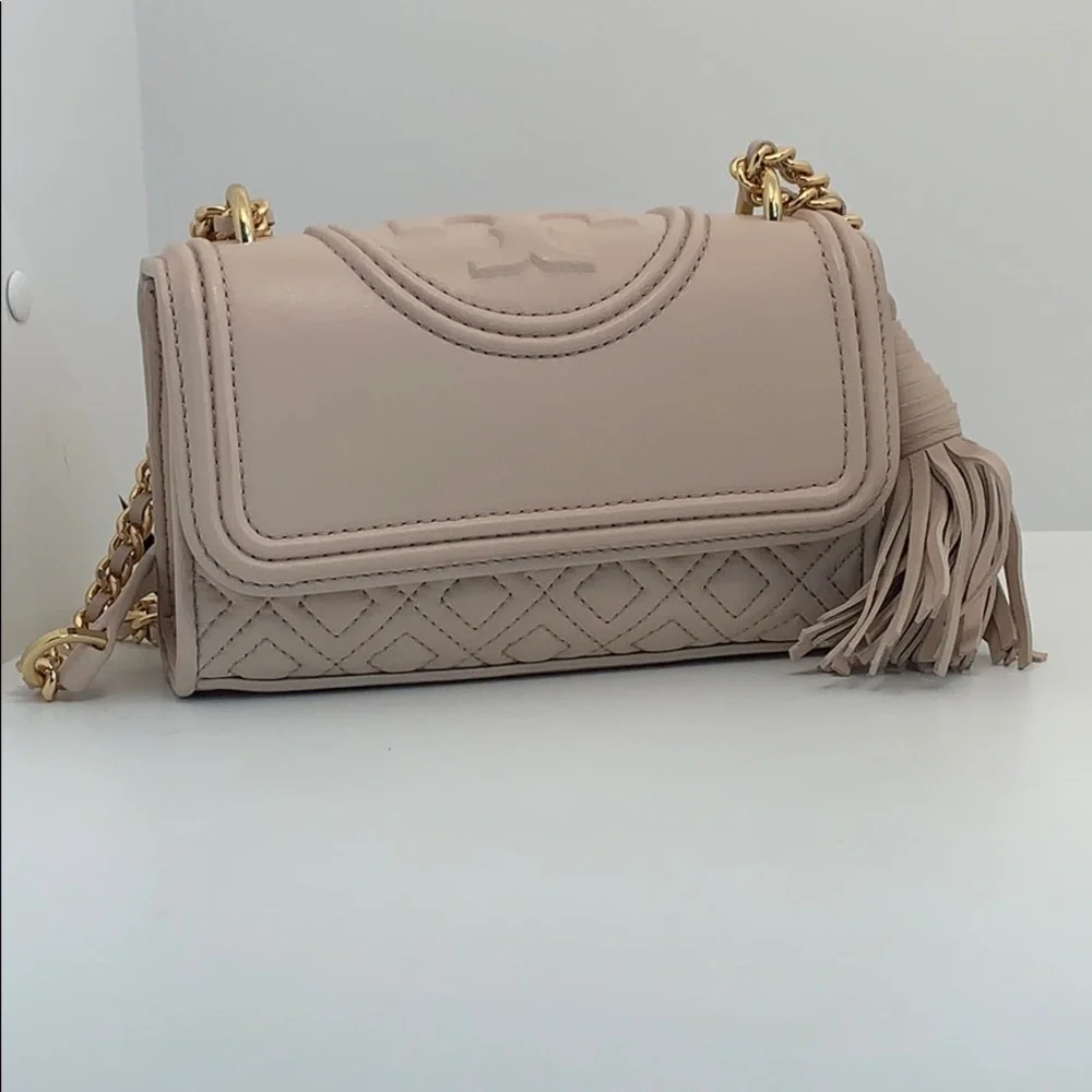 Tory Burch Leather Quilted Flap Micro Crossbody with Gold Chain and Tassel